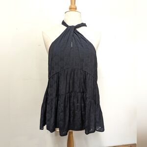 Anthropologie Navy Blue Tiered Twist Halter Top L P Floral Semi Sheer